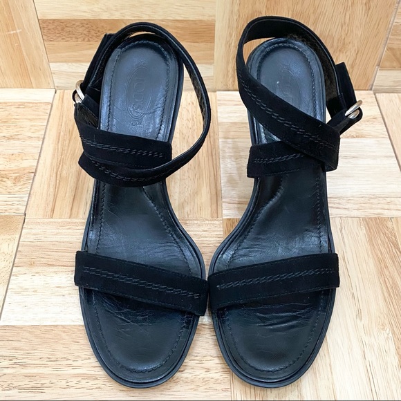 TOD’S Black Suede Leather Ankle Wrap Buckle Strap Heel Open Toe Sandals Size 39 - Picture 10 of 16